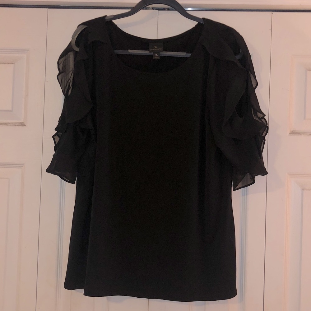 Worthington Black ruffle detail slit sleeve tunic